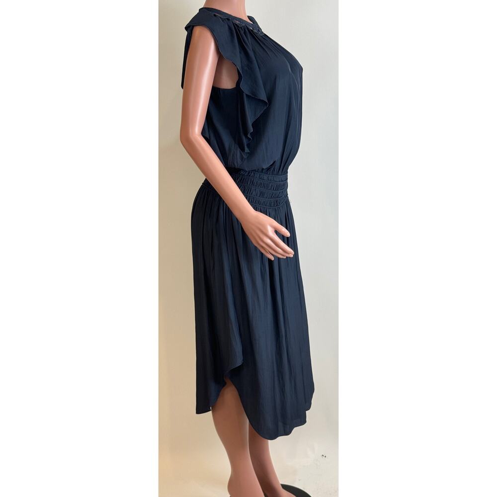 Ramy Brook Wrenn Embellished Blouson Midi Dress Size M Navy Satin Flutter Sleeve - Picture 4 of 15